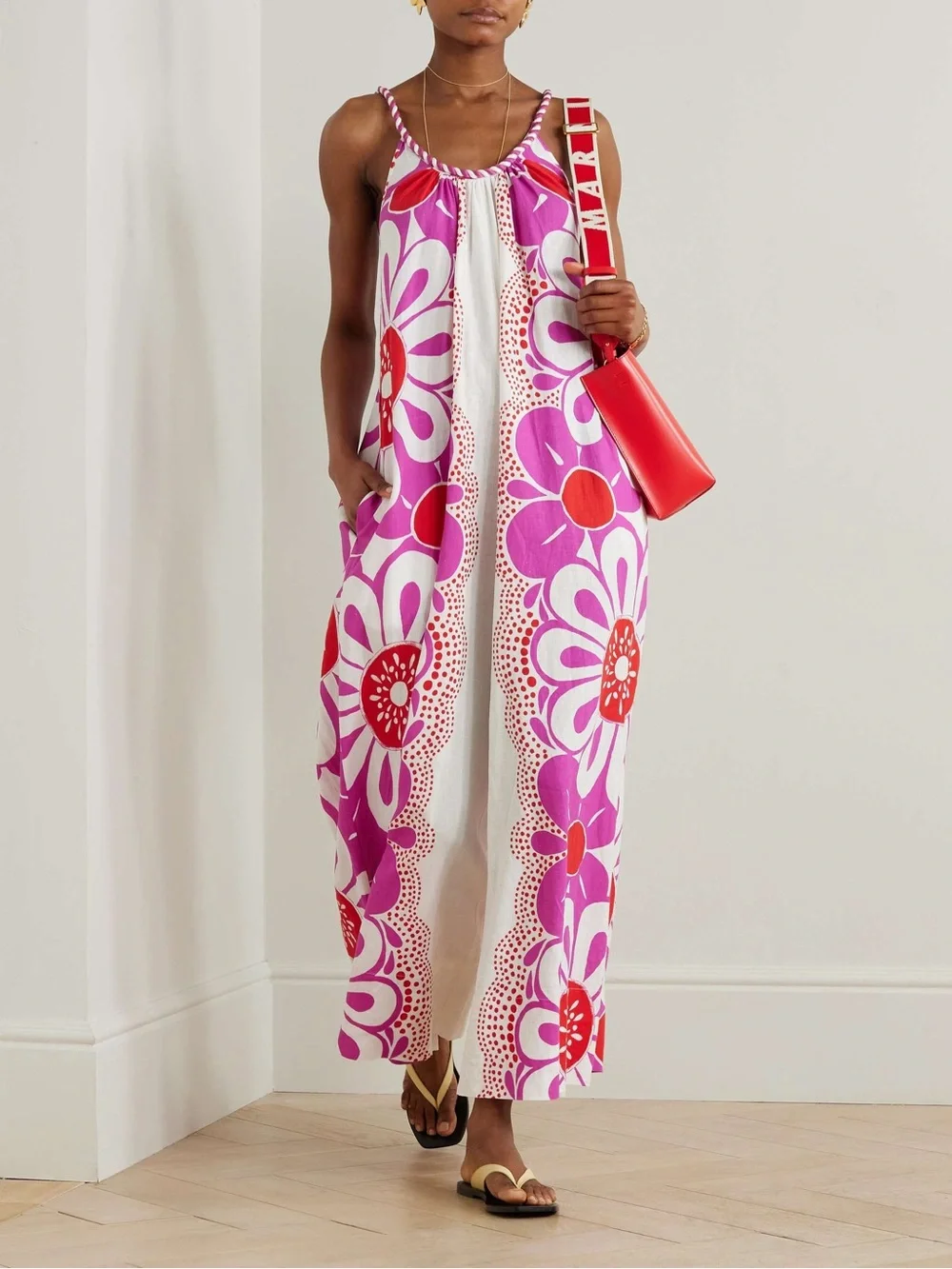 ▪️FARM Rio Maia Linen Jumpsuit Pink/Red Floral Print Size Medium - Picture 4 of 11